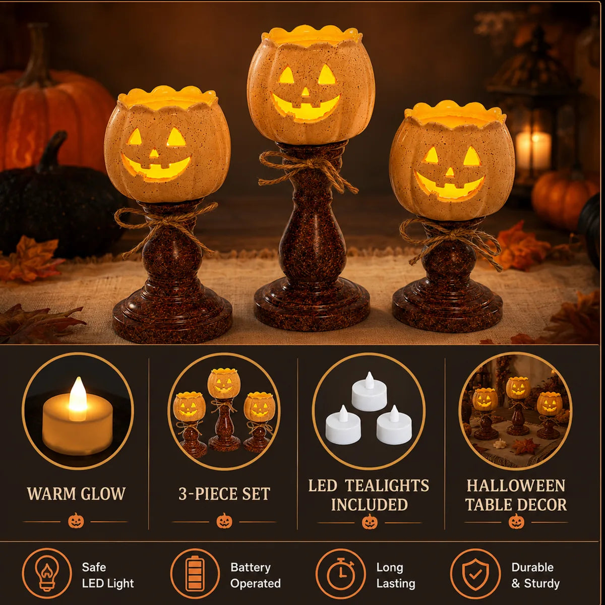 Feature graphic for the pumpkin candle holder set, highlighting visible design details and intended use.