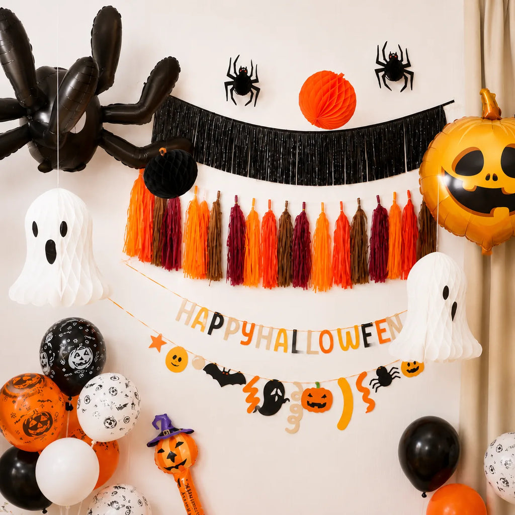 Pumpkin farm Halloween party backdrop with Happy Halloween banner, tassel garland, ghost hanging decorations, spider decor and pumpkin balloons