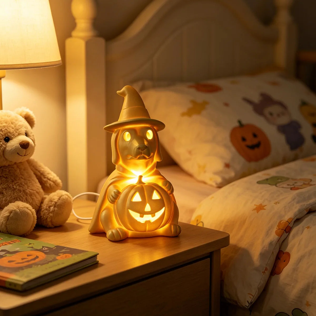 Glowing pumpkin ghost dog lamp displayed on a bedside table.