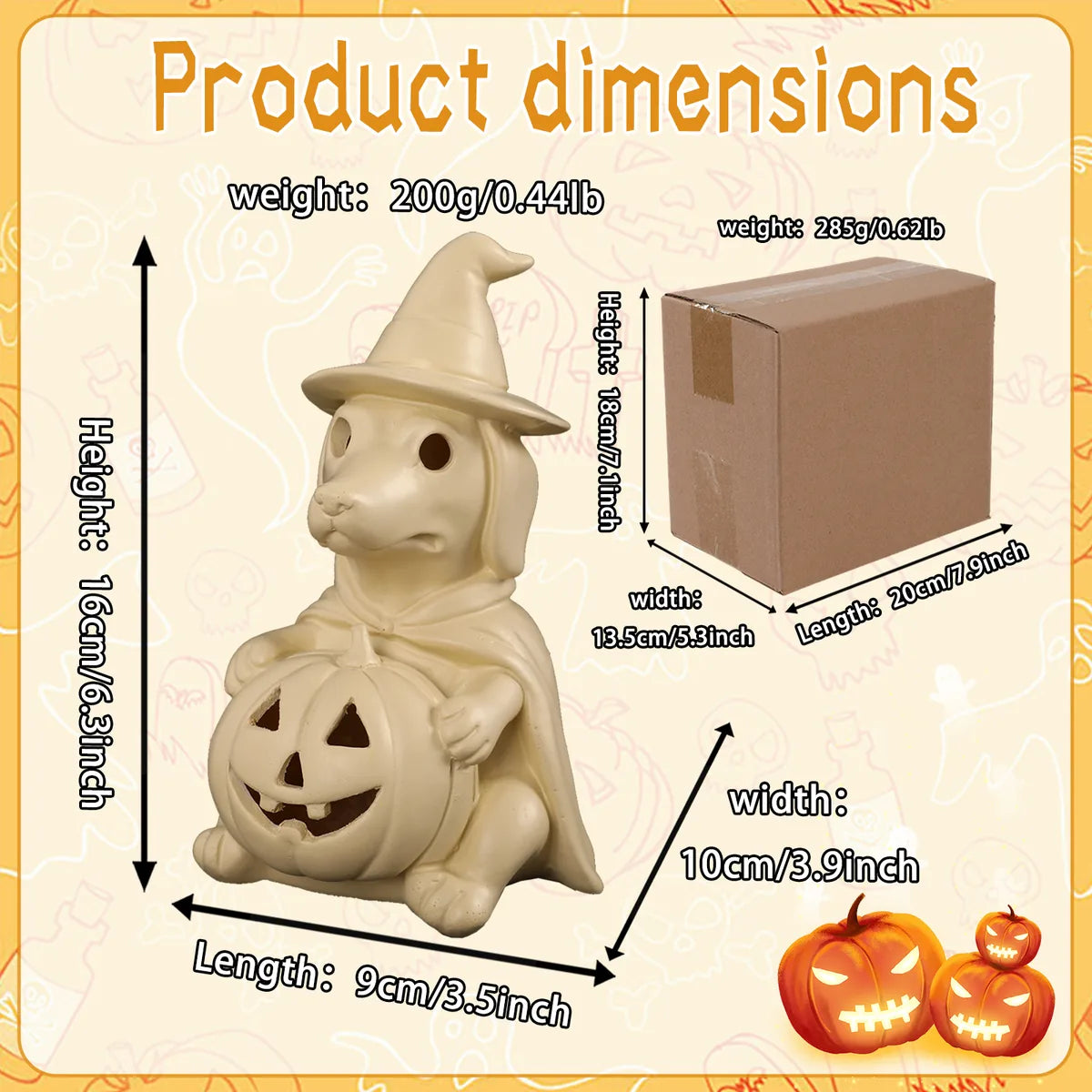 Dimension graphic for the pumpkin ghost dog lamp in centimeters and inches.