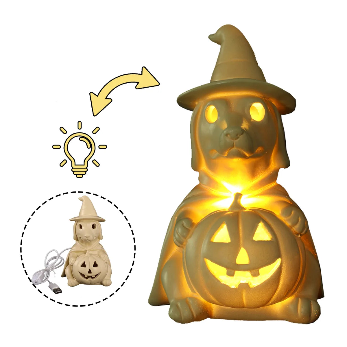 Lit pumpkin ghost dog USB lamp with glowing face and pumpkin.