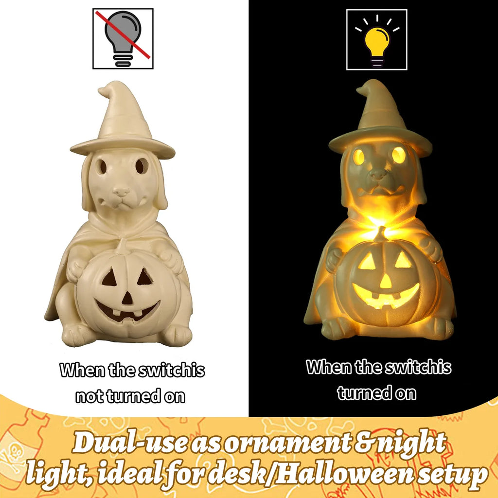 Pumpkin ghost dog USB lamp shown switched off and glowing on.