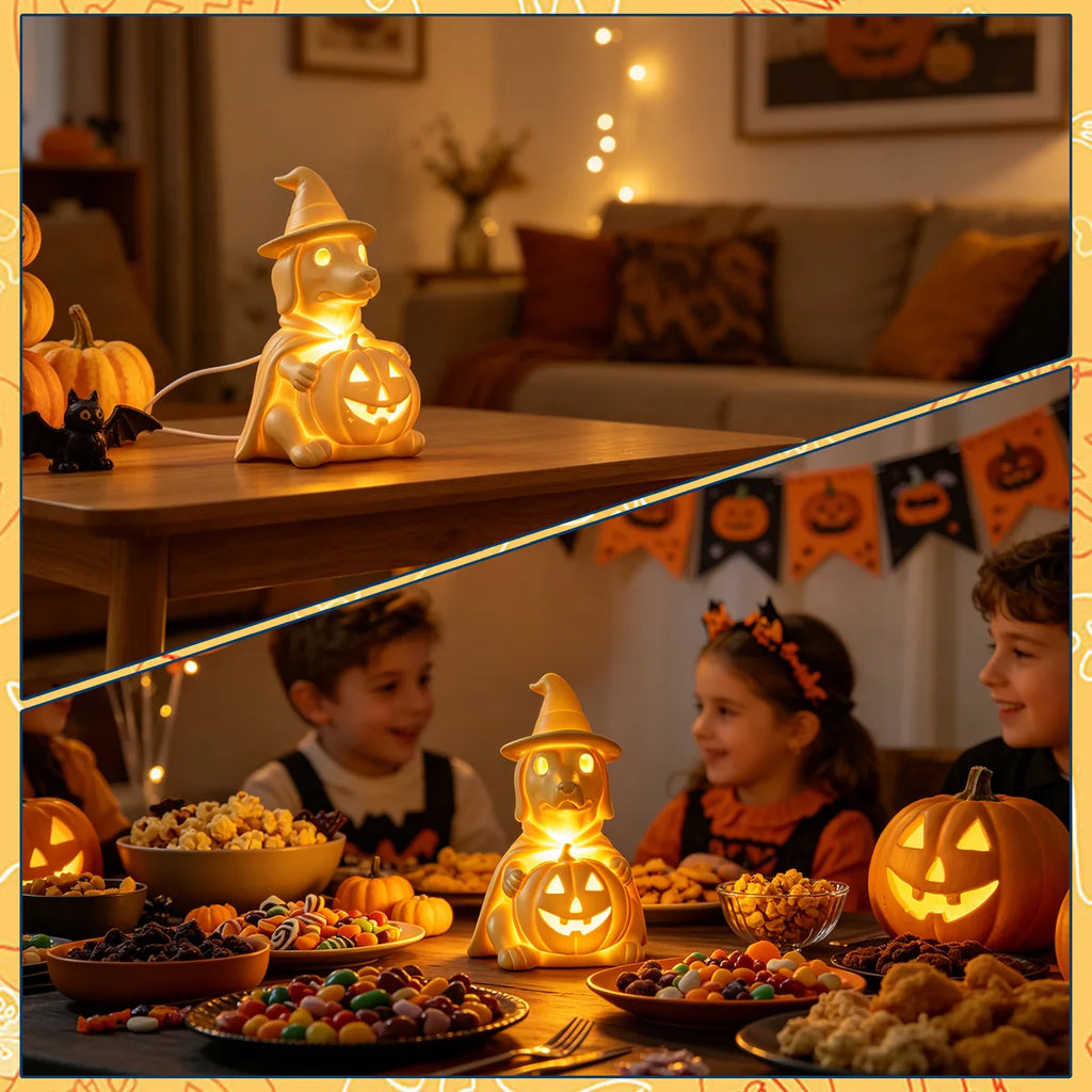 Pumpkin ghost dog lamp glowing on a decorated Halloween party table.