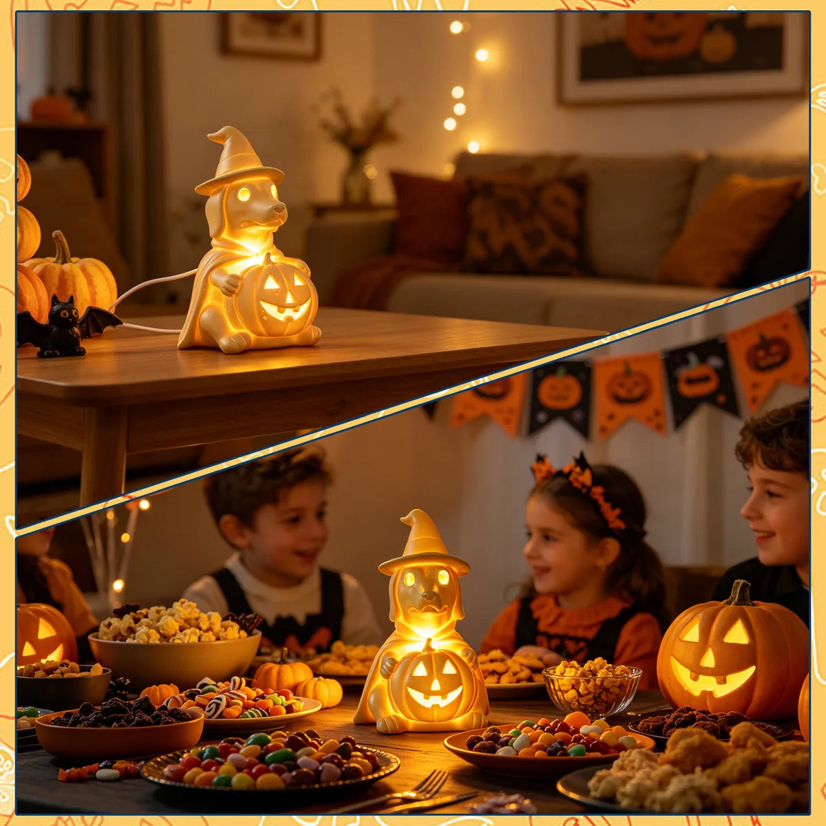 Pumpkin ghost dog lamp glowing on a decorated Halloween party table.