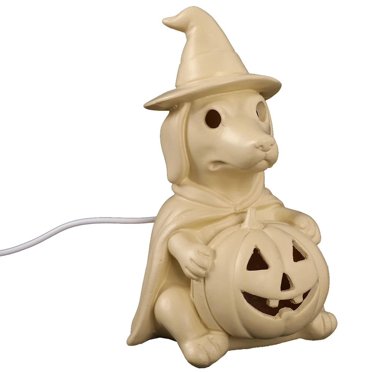 Three-quarter view of the pumpkin ghost dog lamp and carved pumpkin shape.