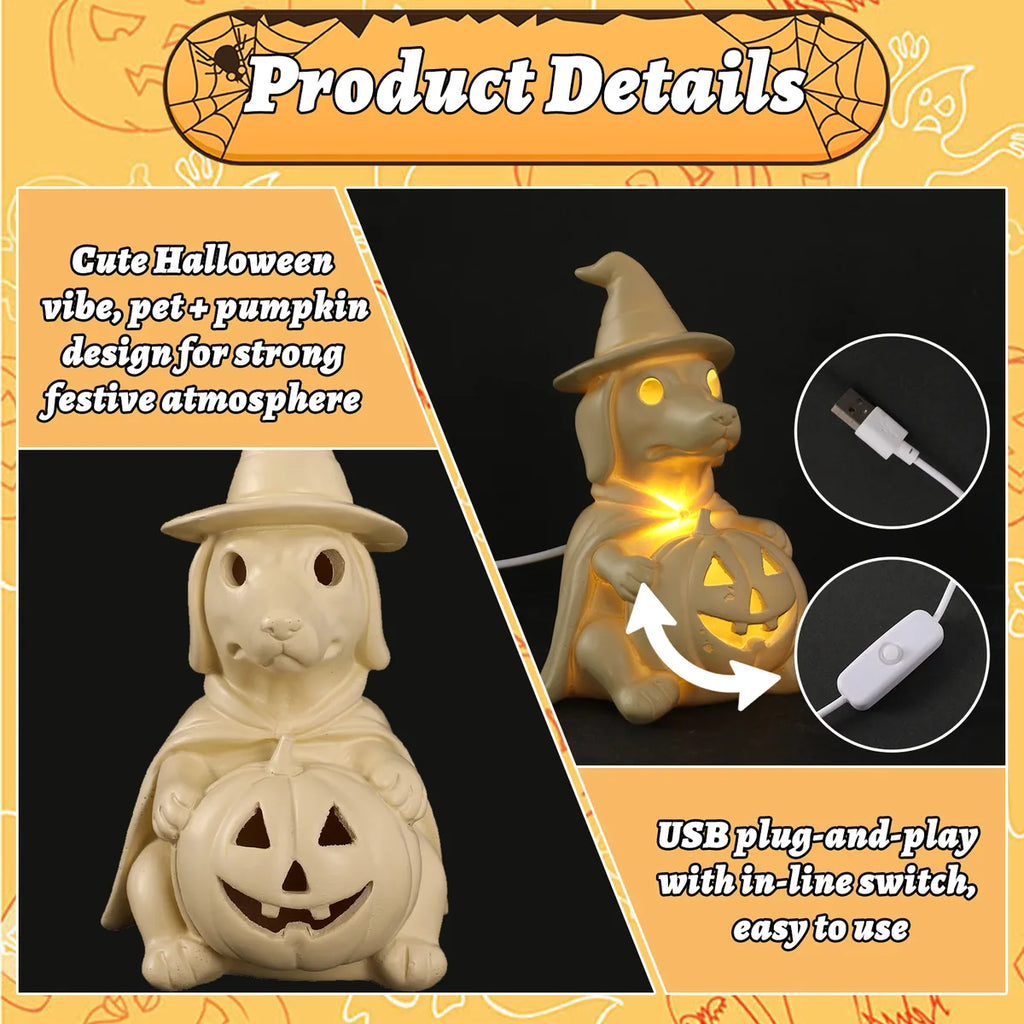 Detail graphic shows the pumpkin design, USB plug, and inline switch.