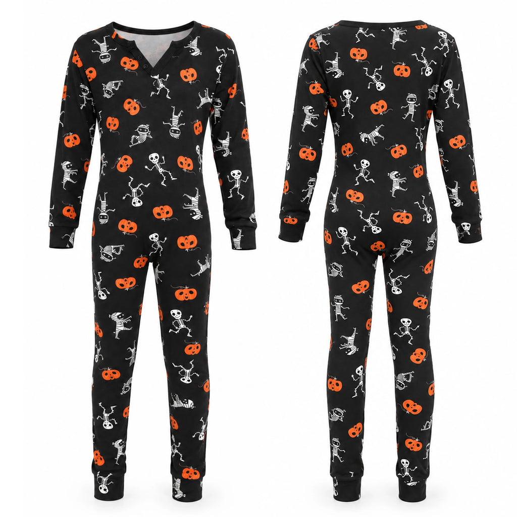 Front and back views of black pumpkin pajamas with long sleeves, full-length legs and black cuffs.