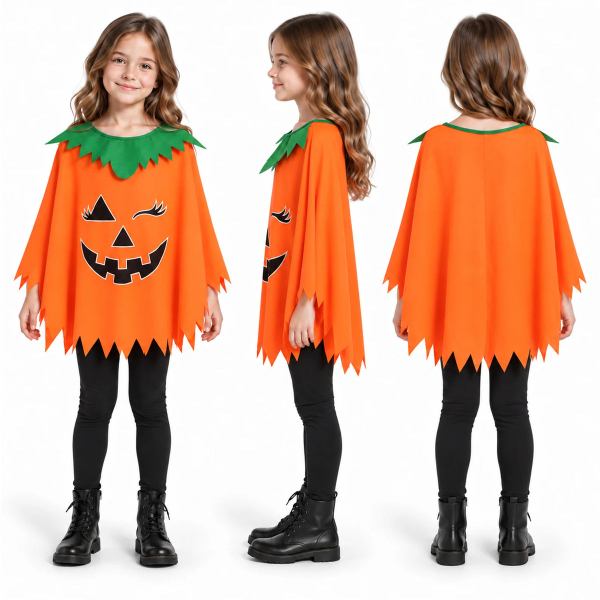 Child wearing the orange pumpkin poncho shown from the front, side and plain orange back.