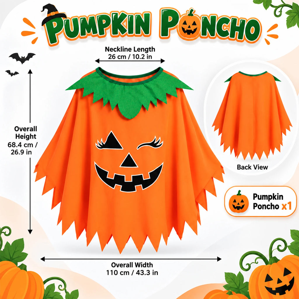 Pumpkin poncho dimensions: 68.4 cm overall length, 110 cm overall width and 26 cm laid-flat neckline width.