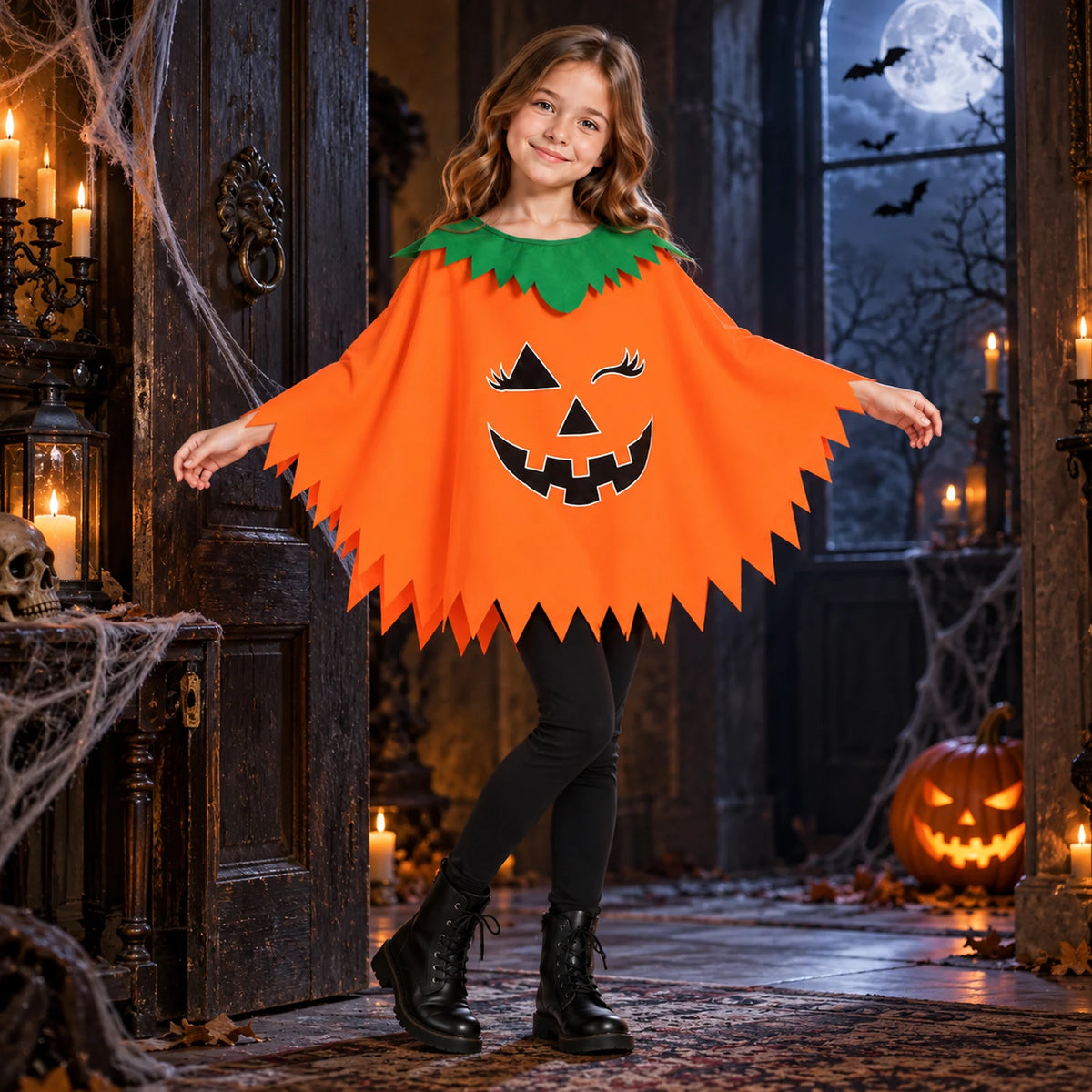 Child wearing an orange pumpkin poncho with green leaf collar beside a Halloween doorway.