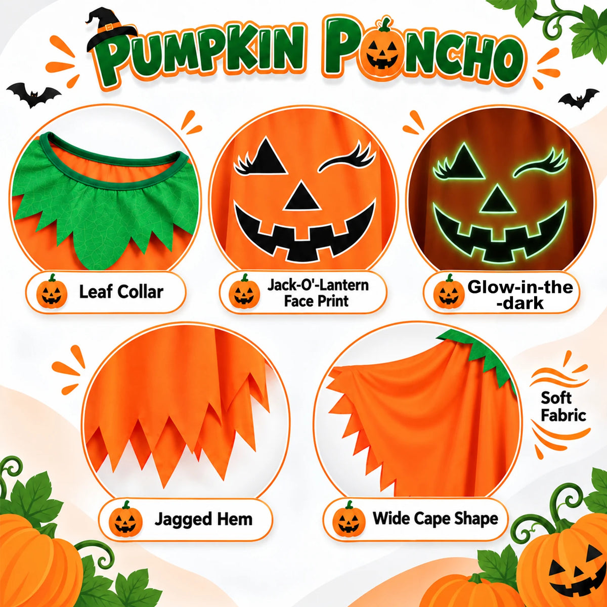 Pumpkin poncho details showing the green leaf collar, winking face, glow outline, jagged hem and wide shape.