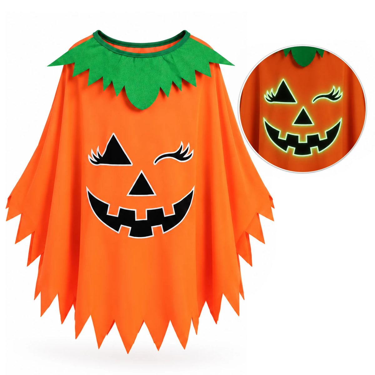 Orange pumpkin poncho with green leaf collar, winking jack-o-lantern face and glow-in-the-dark print inset.
