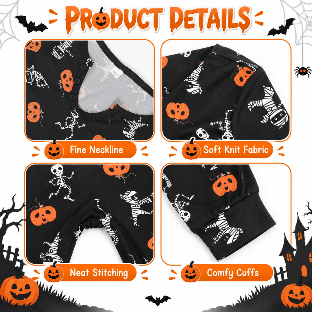 Close-ups of the pumpkin and skeleton print, short button neckline and black cuffs on the one-piece pajamas.