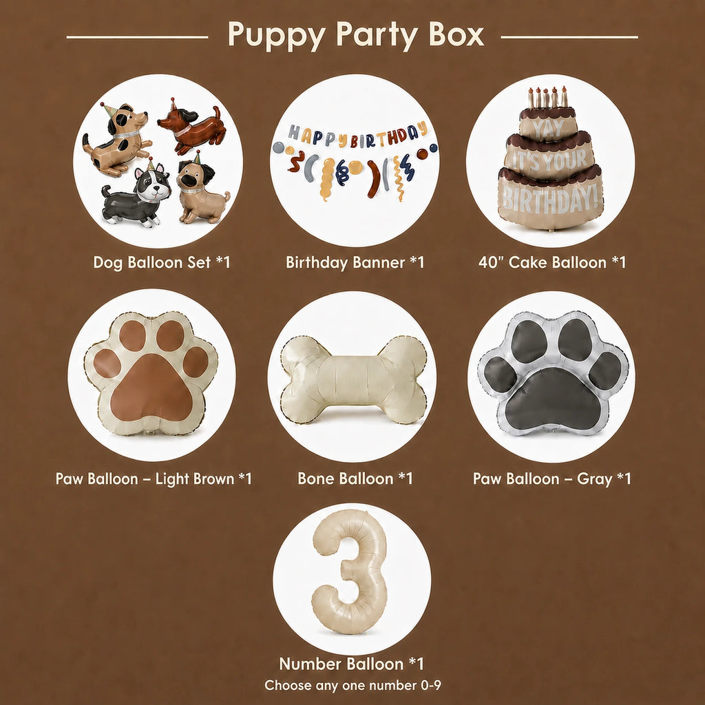 Puppy party box contents with dog balloon set, happy birthday banner, cake balloon, paw balloons, bone balloon, and number balloon for dog themed birthday decorations.