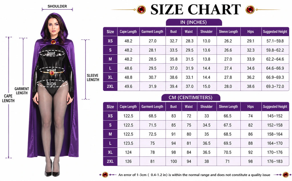 The purple cape and black bodysuit costume size chart lists XS through 2XL with garment measurements and suggested height.