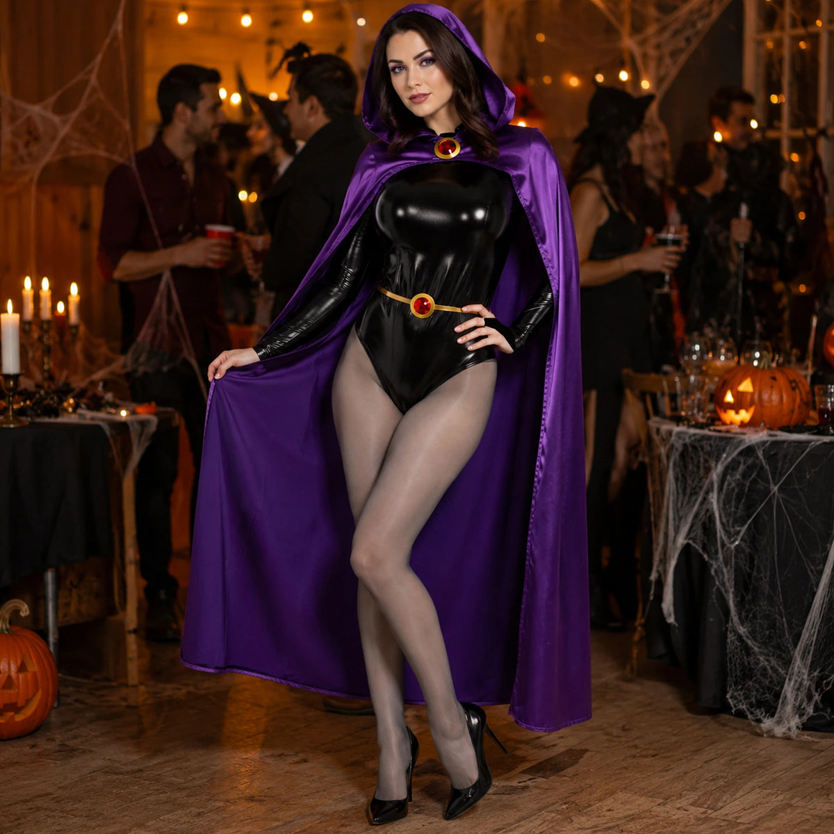Woman wearing a purple hooded cape over a black long-sleeve bodysuit and tights, with a red-accented waist chain at a Halloween party.
