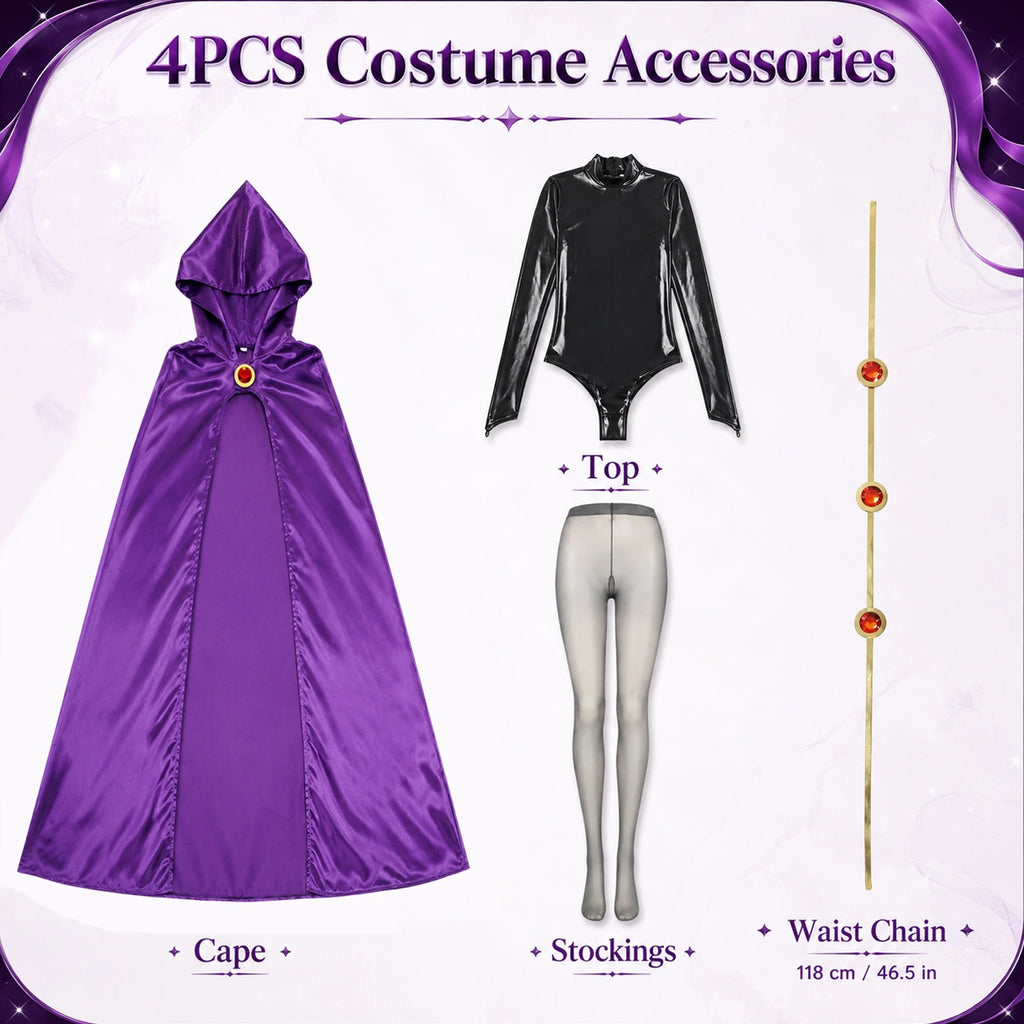 The Raven-inspired set includes a purple cape, black bodysuit, sheer tights and a waist chain labeled 118 cm long.