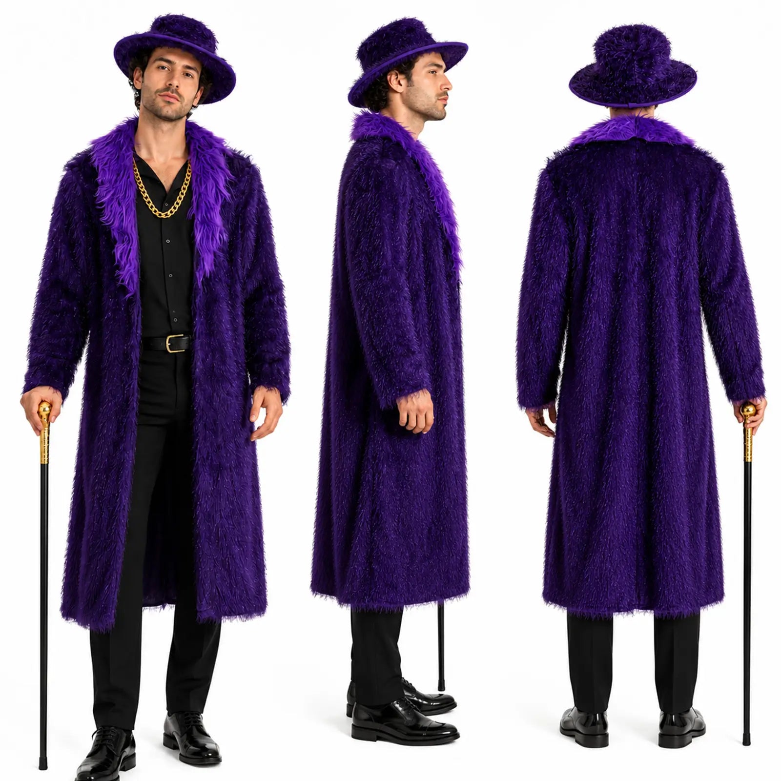 Purple faux fur costume shown from front side and back views with matching hat and cane