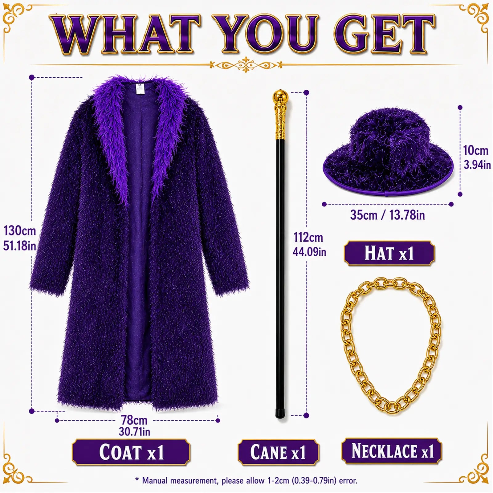 Purple costume set size guide with coat hat cane and gold chain accessories