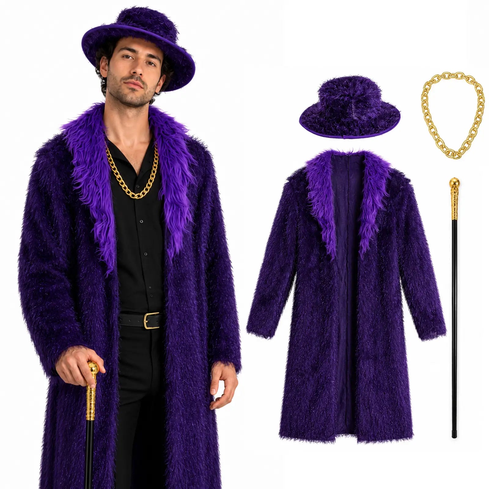 Purple costume set with faux fur coat hat cane and gold chain accessories