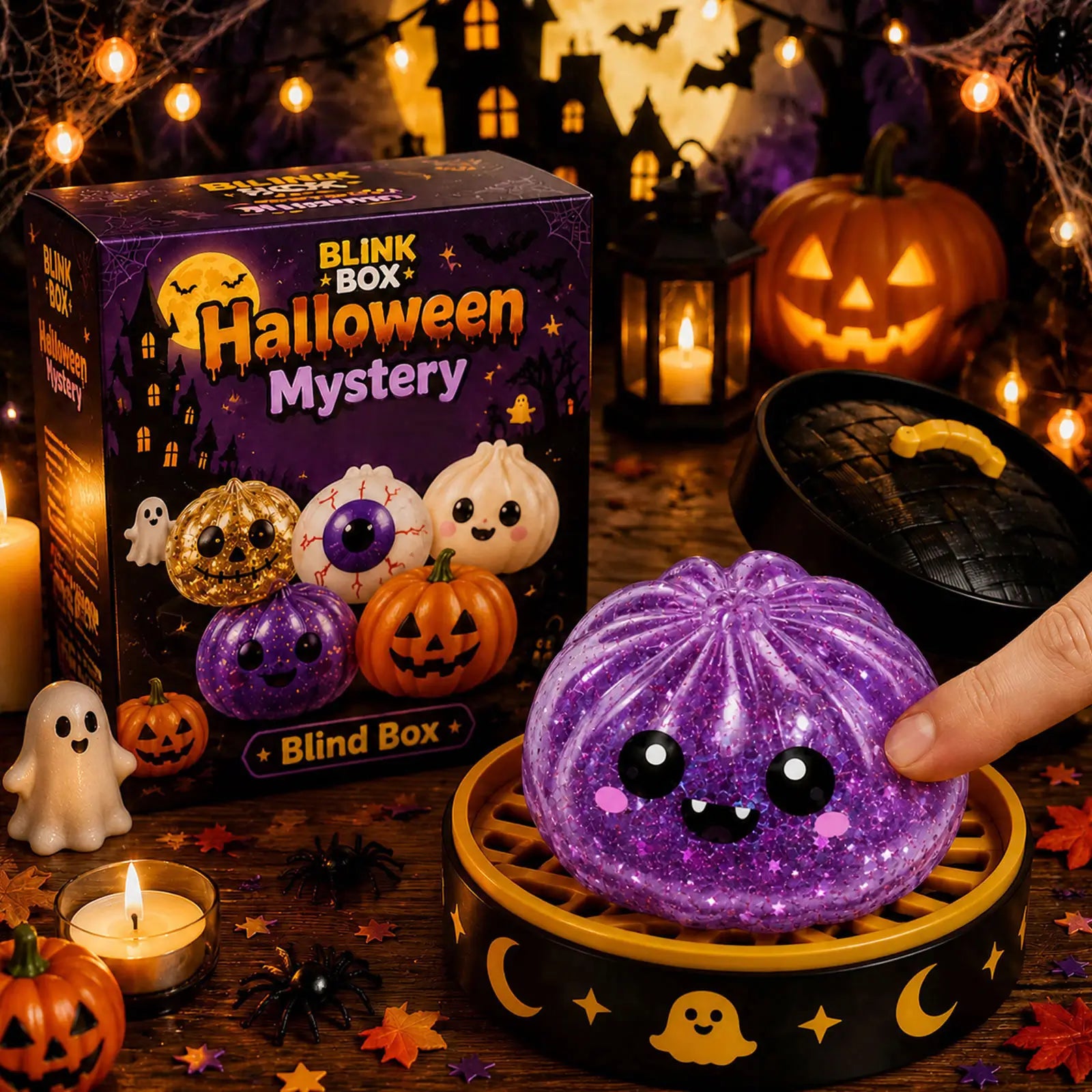 Purple devil ghost Halloween squishy toy in a themed display box with Halloween mystery packaging