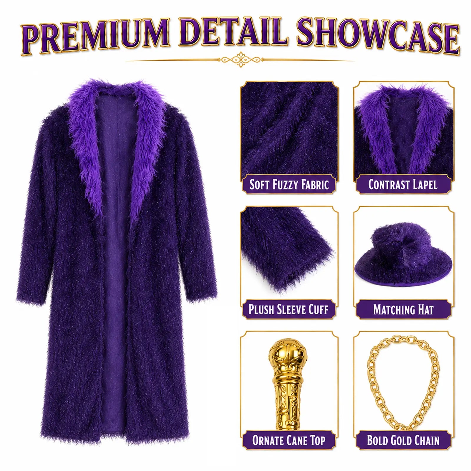 Purple faux fur costume detail showcase with soft fabric lapel sleeve cuff hat cane and chain