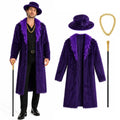 Purple faux fur costume set with matching hat cane gold chain and adult model