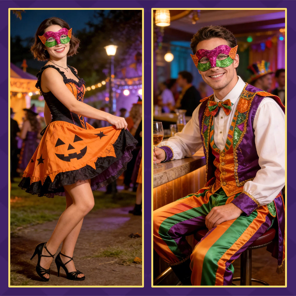 A themed setting presents purple green and gold carnival mask celebration scene, with the purple, green and gold glitter panels with pointed side accents clearly visible.