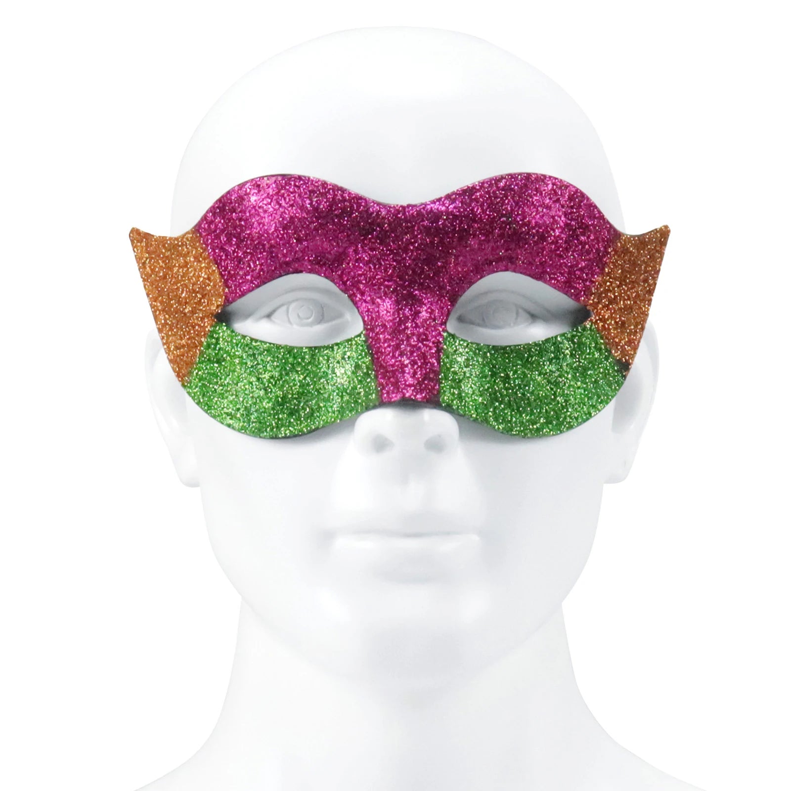 Purple green and gold glitter Mardi Gras eye mask is shown from the front, with the purple, green and gold glitter panels with pointed side accents clearly visible.