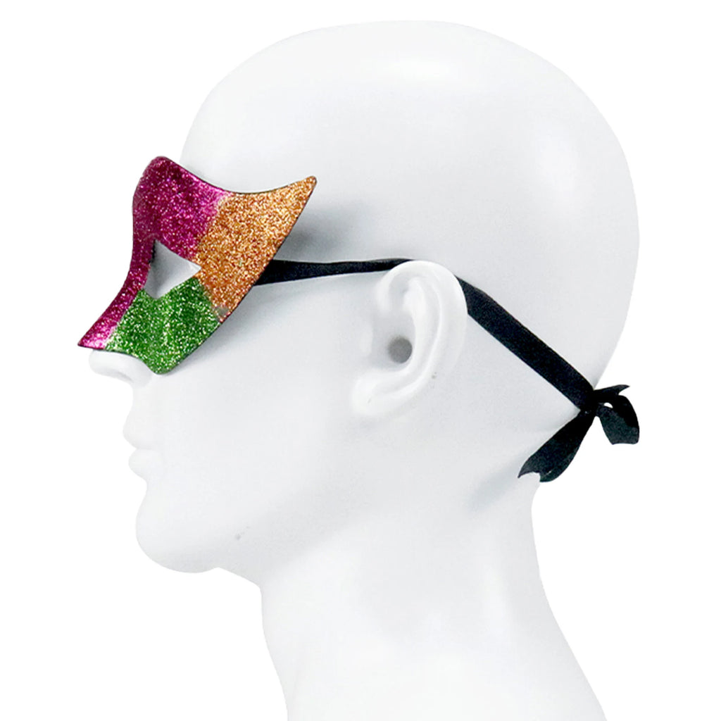 A clear product view presents a purple green and gold masquerade eye mask wearing view, with the purple, green and gold glitter panels with pointed side accents clearly visible.