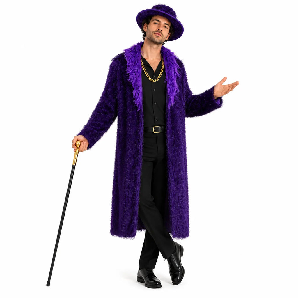 Purple Halloween costume for adults with faux fur coat matching hat cane and chain