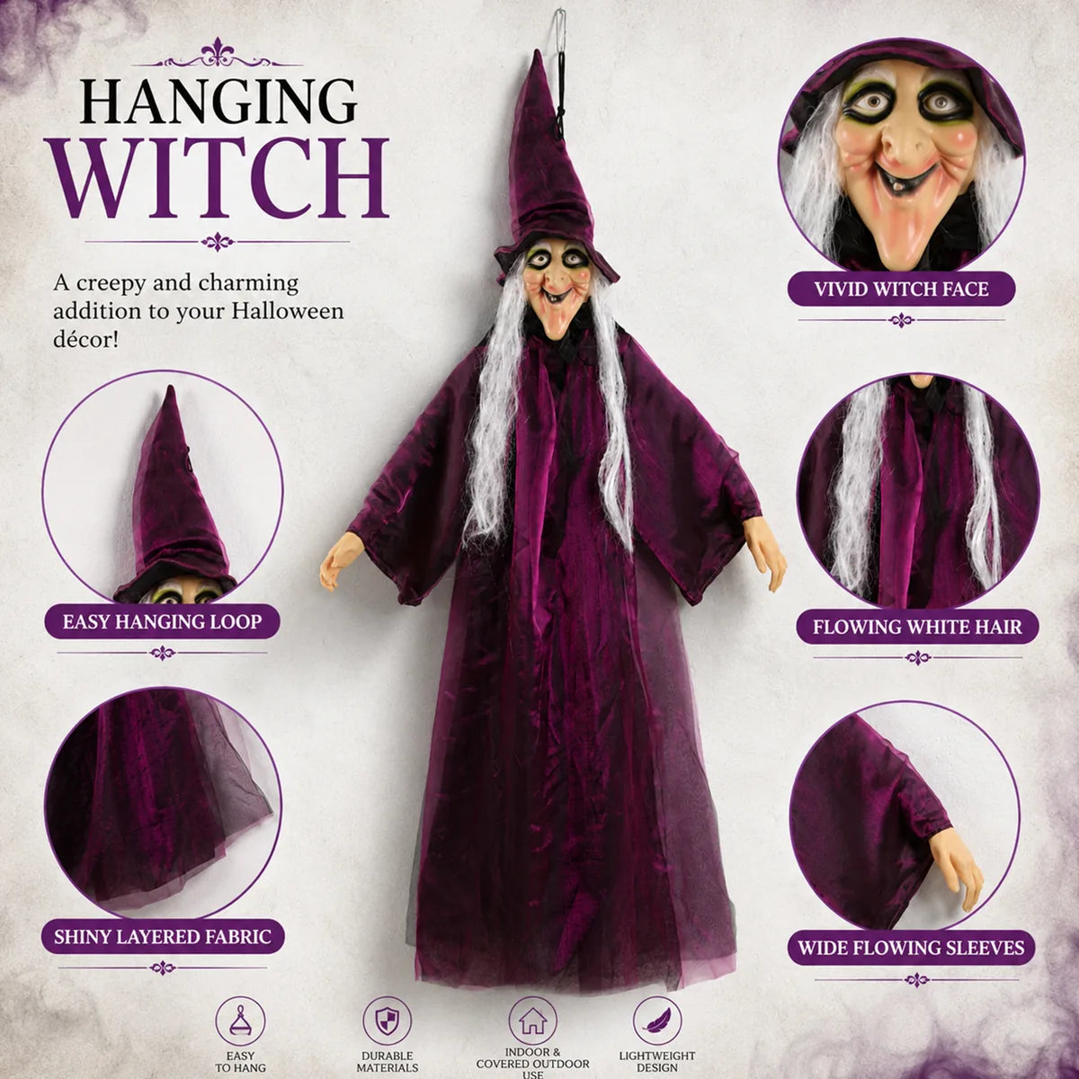 Detail graphic highlights the witch face, hanging loop, layered fabric, hair, and sleeves.