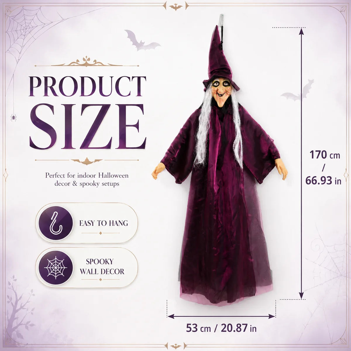 Dimension graphic shows the purple hanging witch height and width.