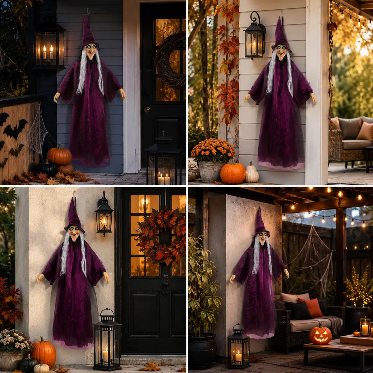 Purple hanging witch shown in several porch and covered patio displays.