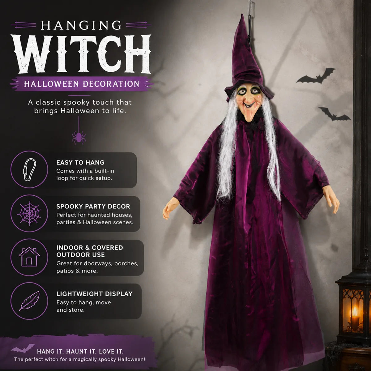 Feature graphic presents the lightweight witch as indoor and covered-outdoor Halloween decor.