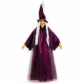 Purple hanging witch decoration shown from the front with long gray hair and layered dress.