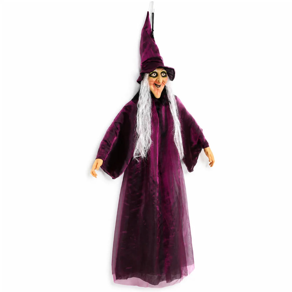Full front view shows the purple hanging witch from hat to layered hem.