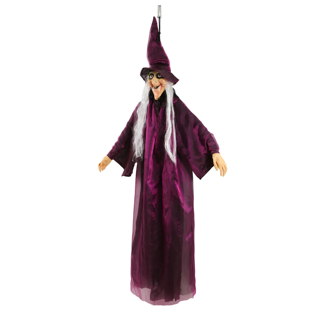 Three-quarter view shows the pointed hat, wide sleeves, and hanging loop.