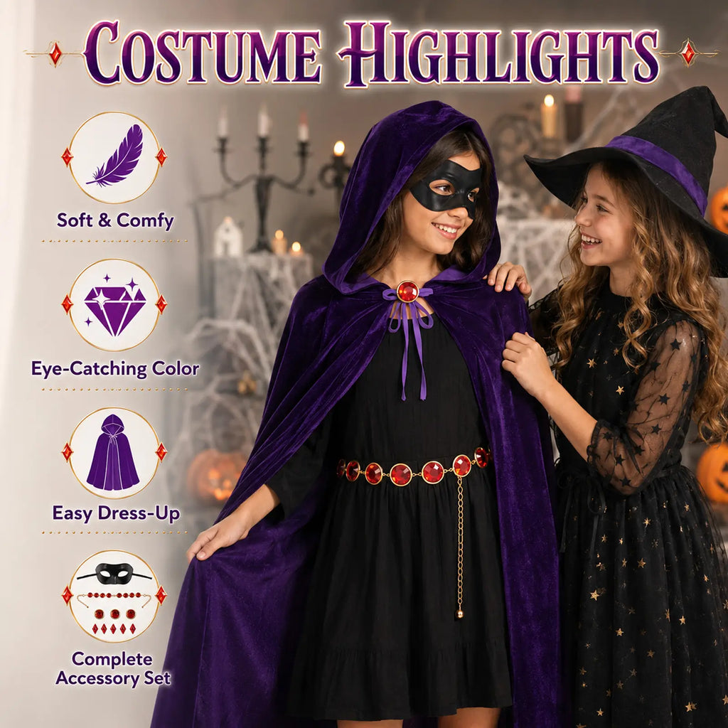 Purple hooded cape costume highlights with soft fabric eye catching color and complete accessory set