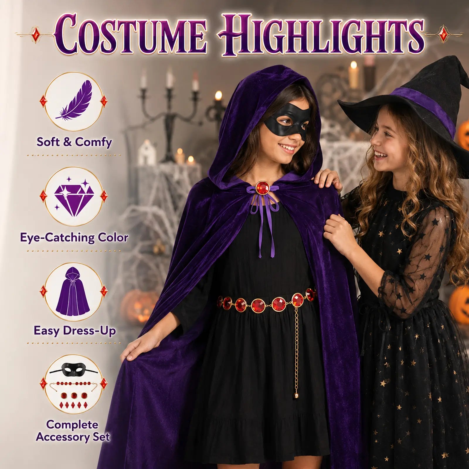 Purple hooded cape costume highlights with soft fabric eye catching color and complete accessory set