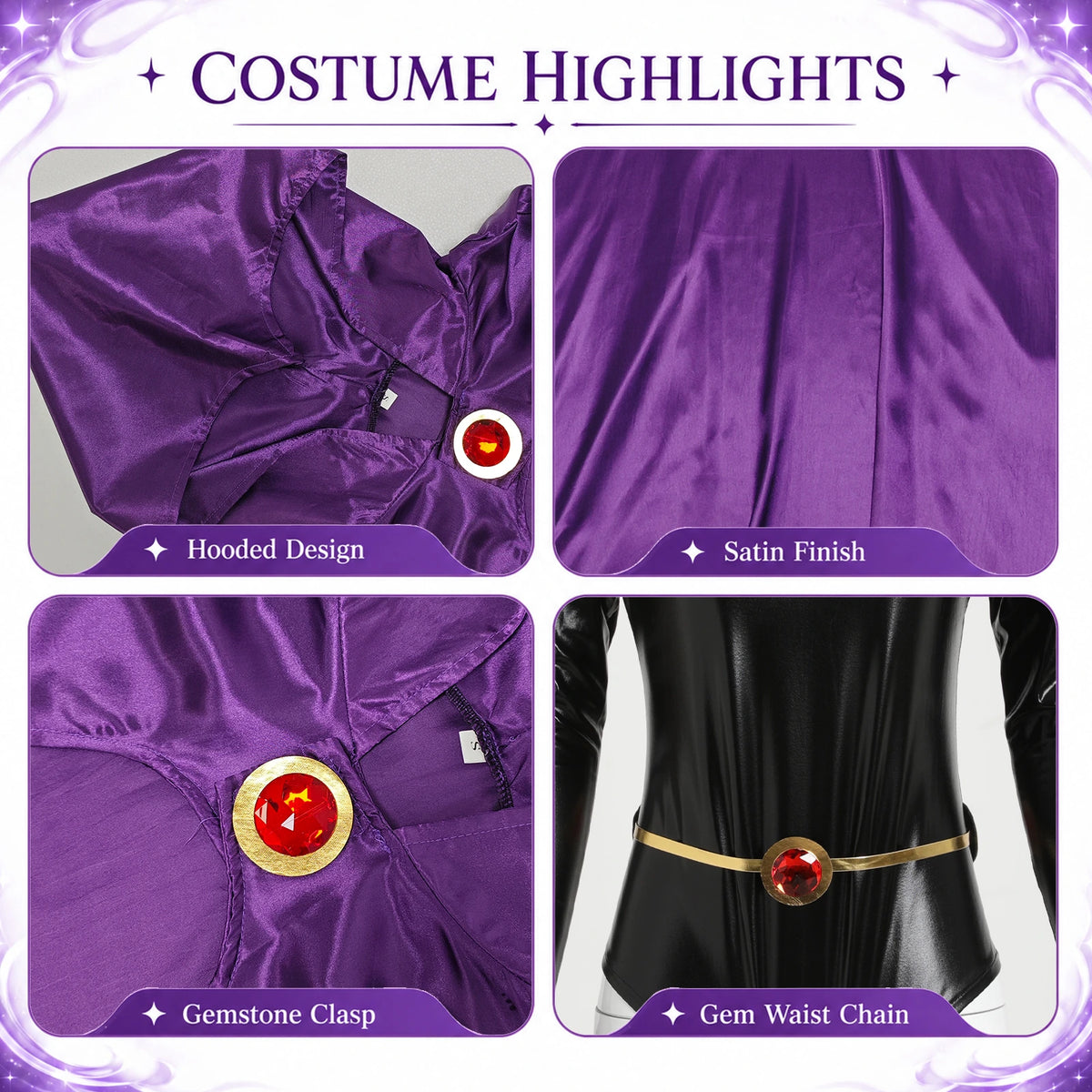 Close-ups of the purple hooded cape, neck clasp and gold-tone waist chain with red gem-style accents.