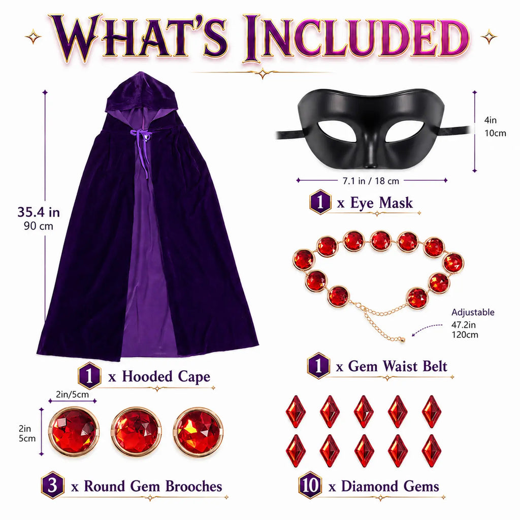 Purple hooded cloak costume accessory set with size details for mask belt brooches and gems