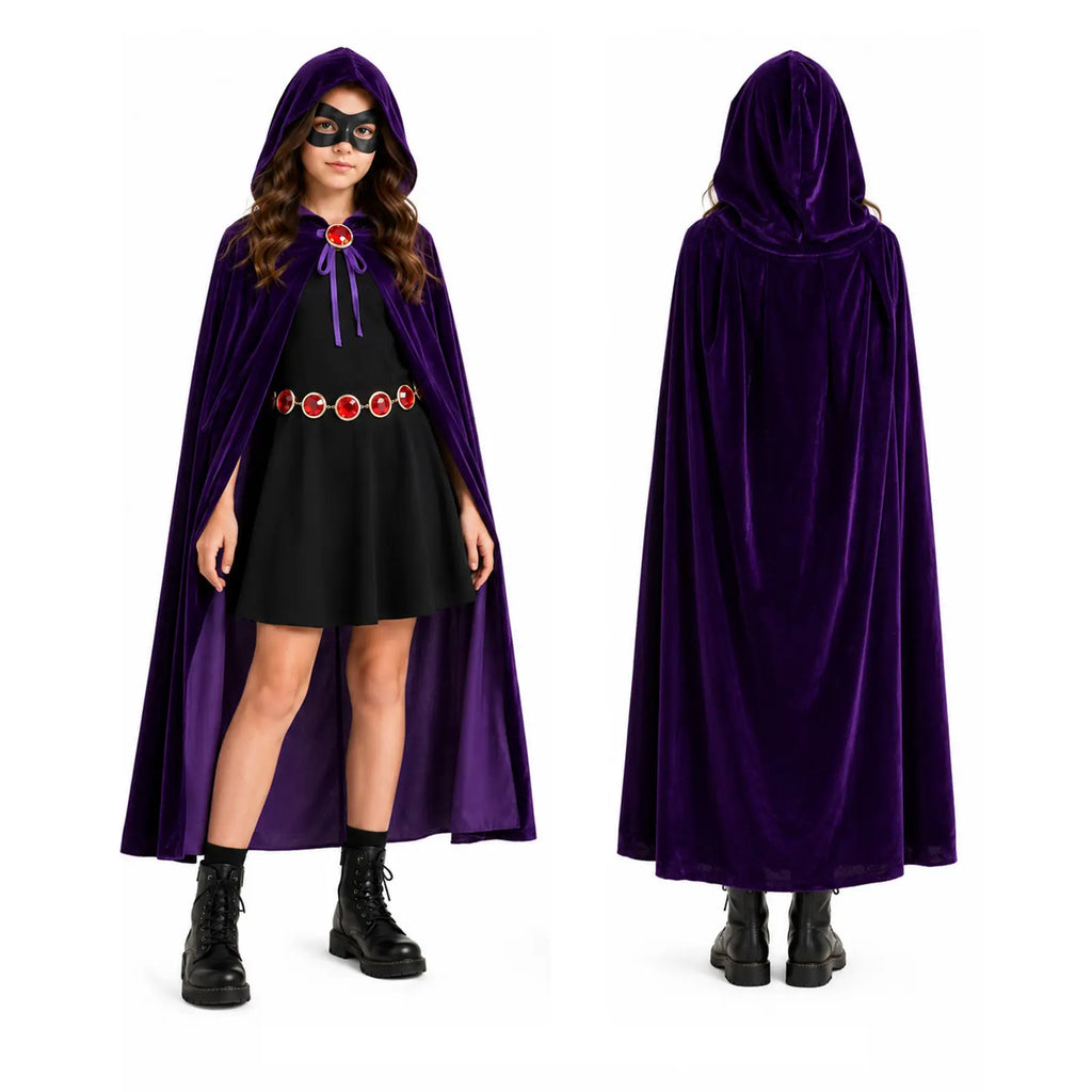 Purple hooded cloak costume shown from front and back for girls Halloween dress up
