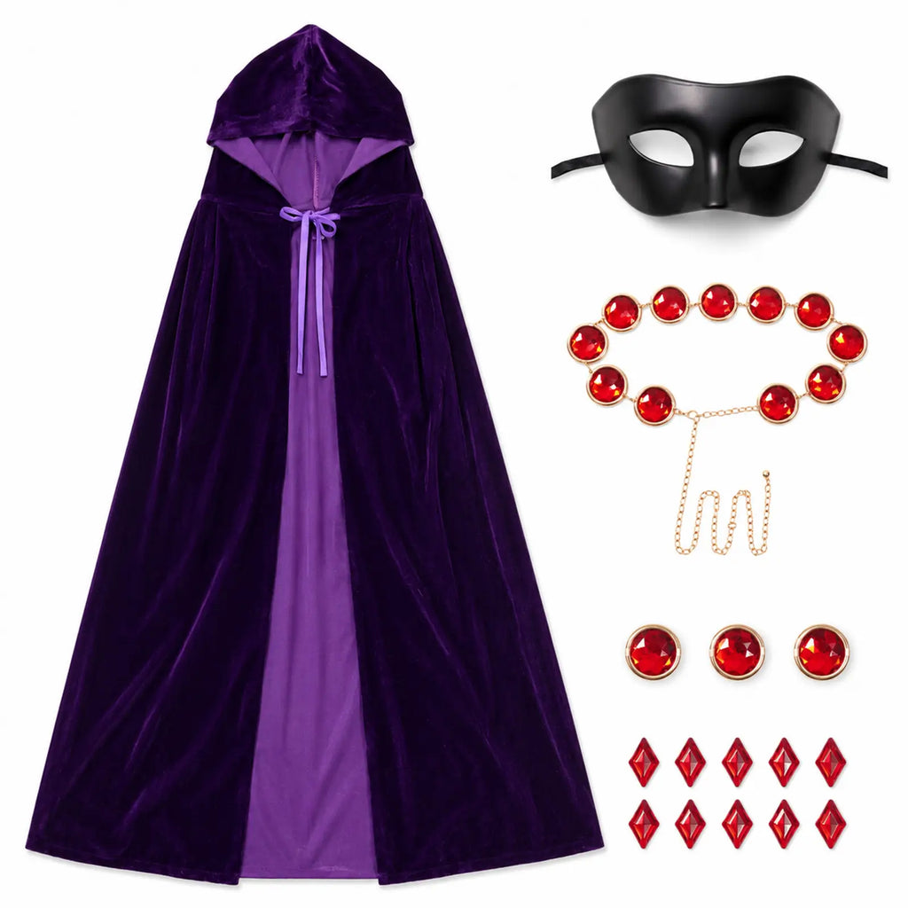 Purple hooded cloak costume set with black mask adjustable gem belt brooches and decorative gems