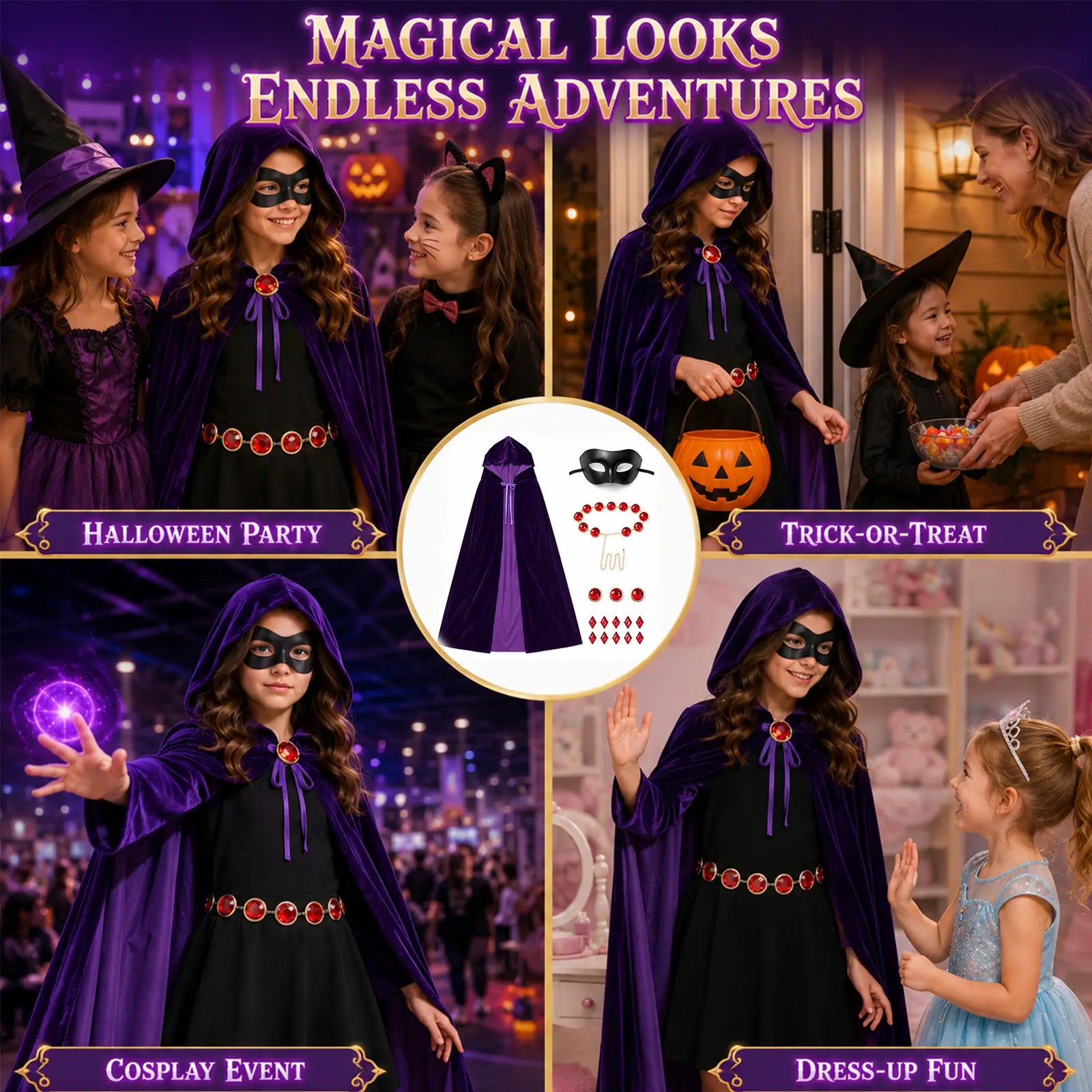 Purple hooded cloak costume for Halloween party trick or treat cosplay events and dress up fun