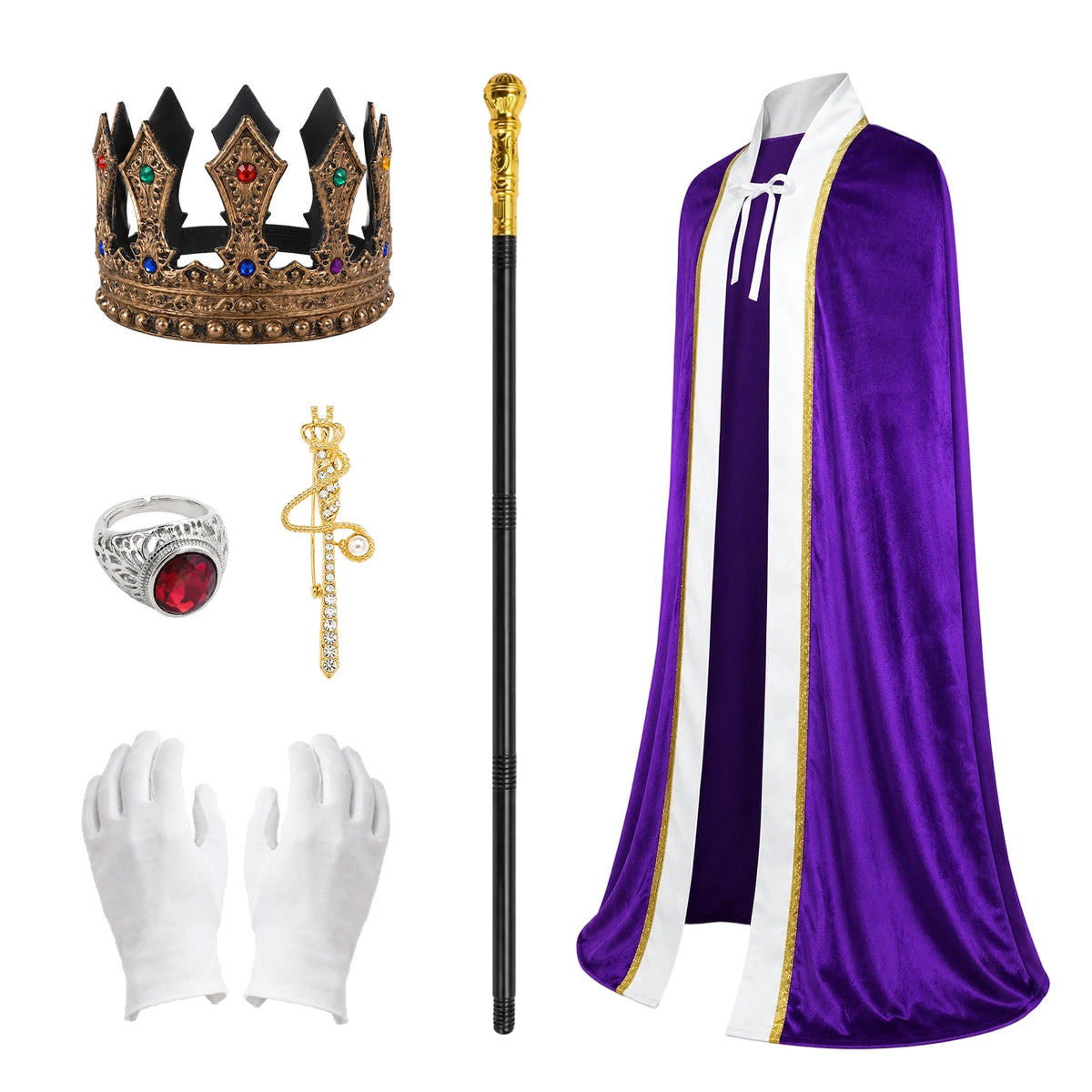 Six separate components show the purple cape crown scepter brooch ring and pair of white gloves.