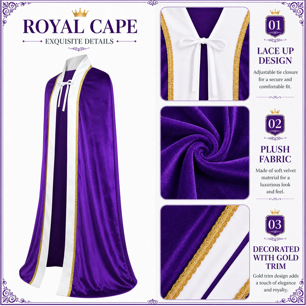 Detail graphic labels the purple velvet cape fabric neckline ties and gold colored decorative trim.