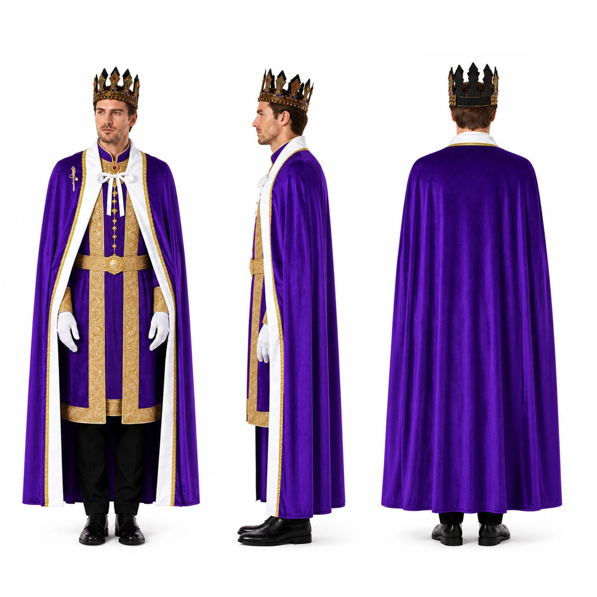 Front side and back views show the purple cape white neckline ties and contrasting edging.