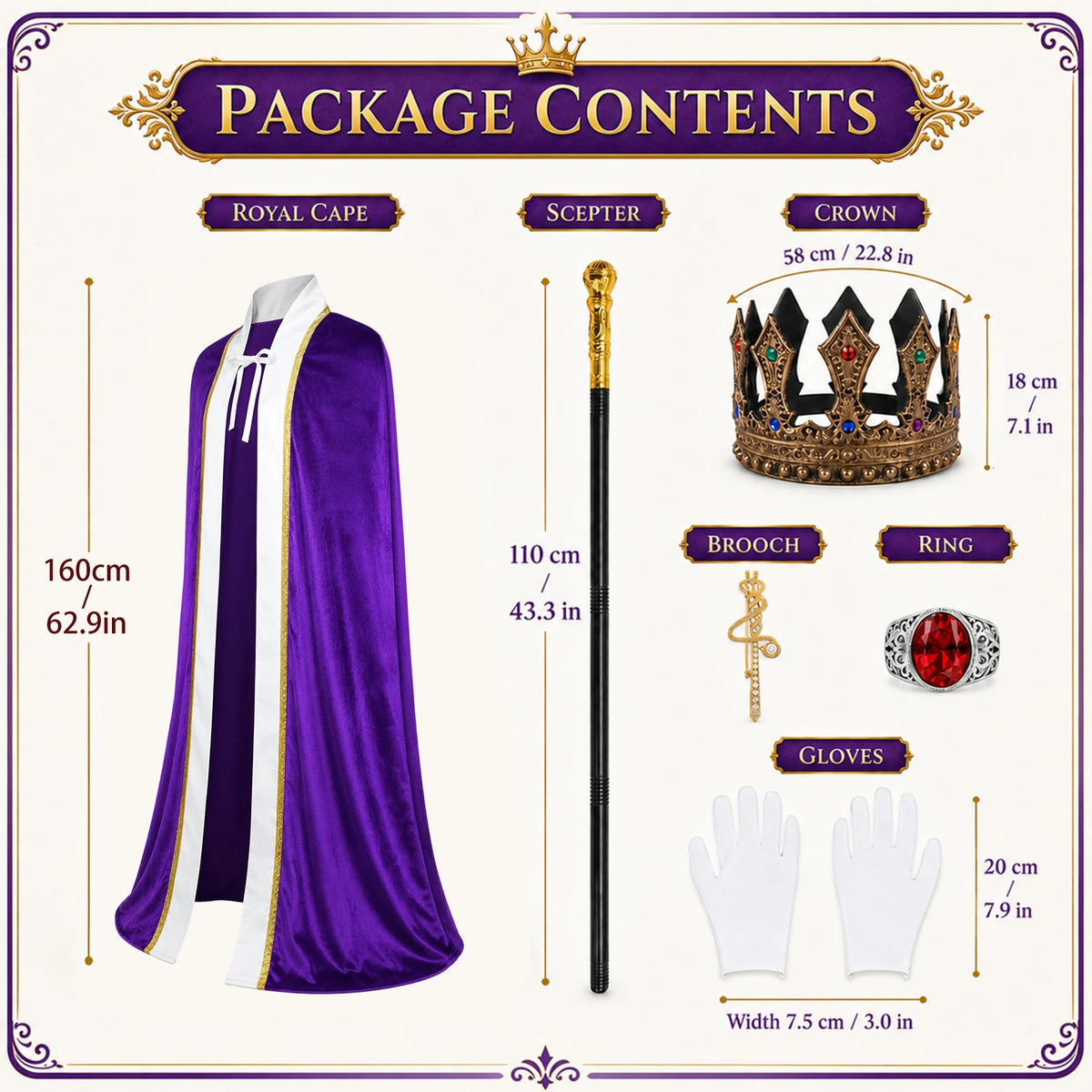 Package graphic shows the purple cape and accessory dimensions with one pair of white gloves.