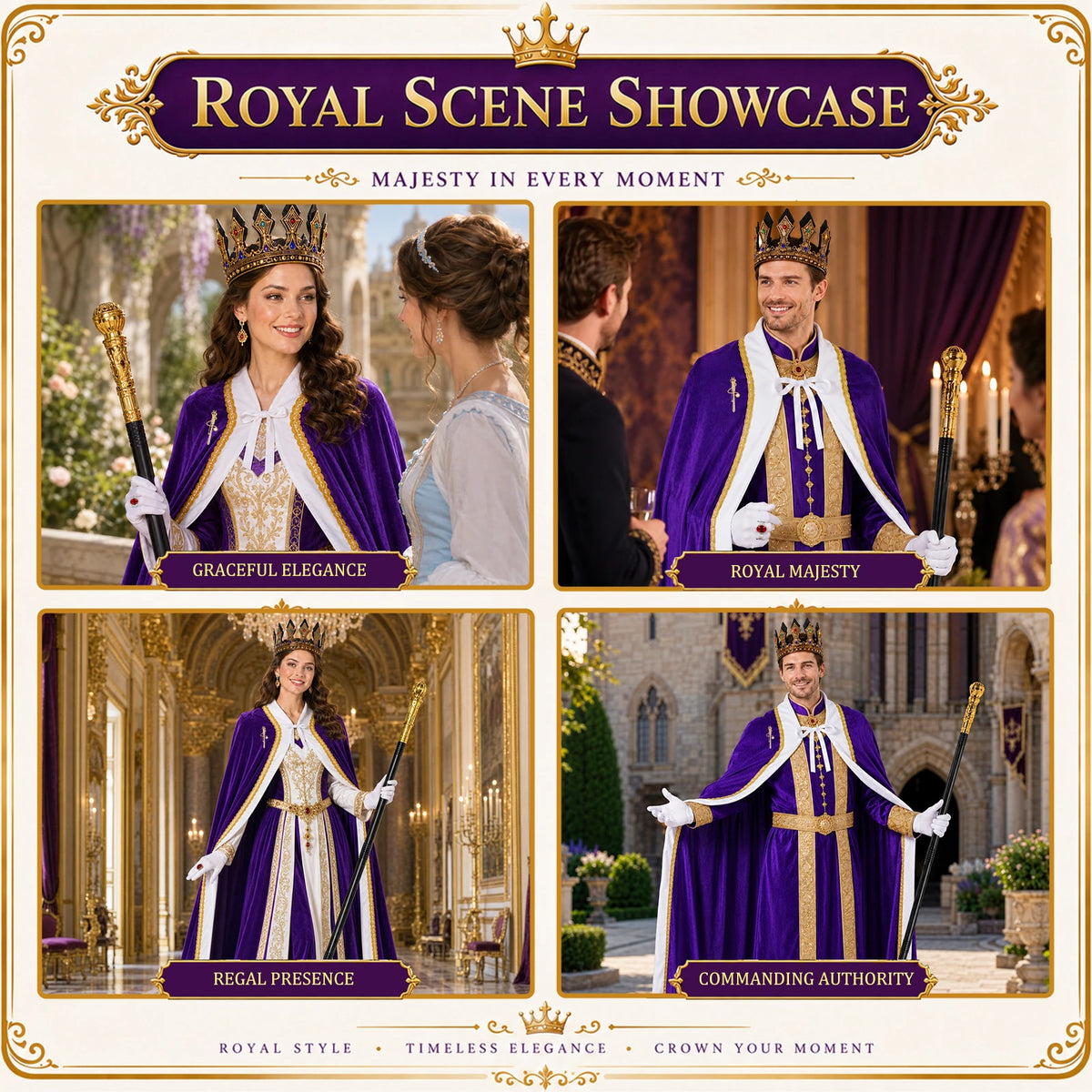 Royal scenes show adults wearing the purple cape crown gloves and scepter over separate styled clothing.